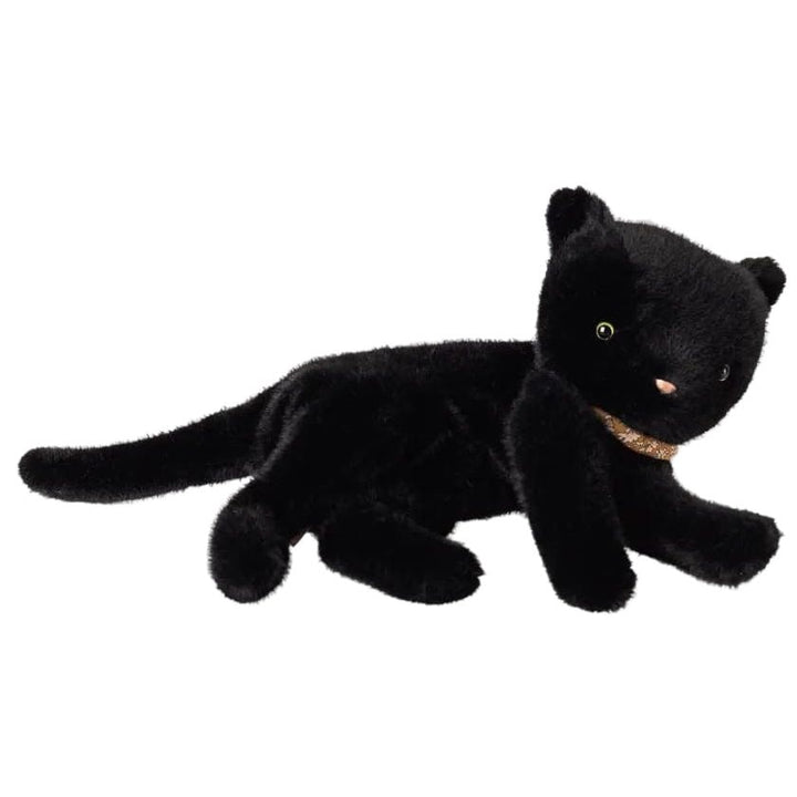 Black plush toy cat on a light gray background