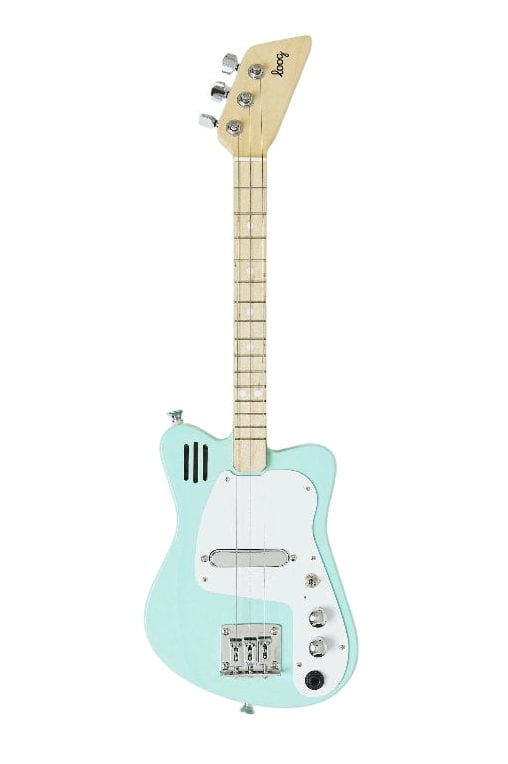 Light blue electric guitar on a white background