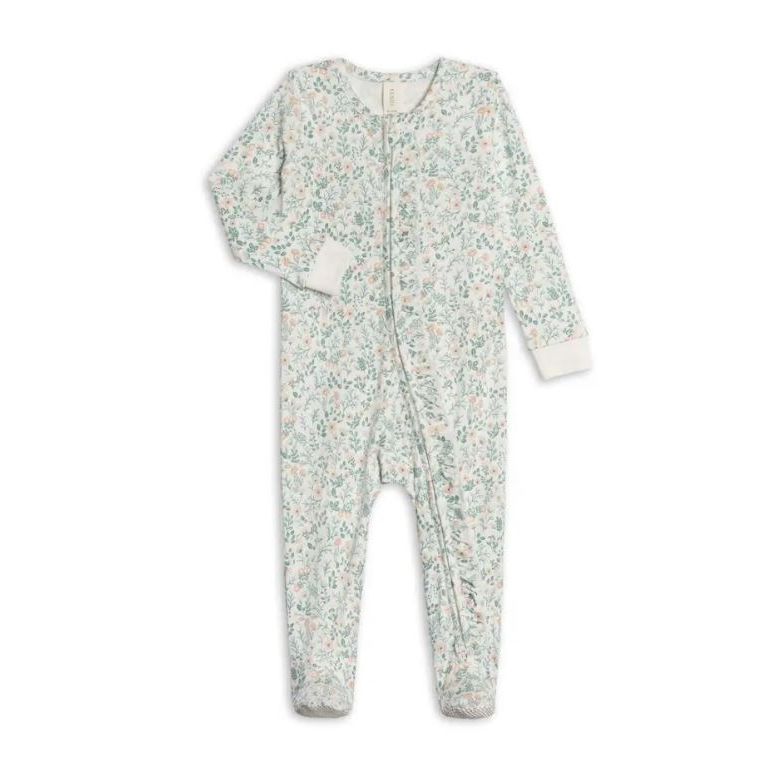 Colored Organics Neve Ruffle Zipper Footed Romper - Merion Floral / Laguna + Shell Footie Colored Organics