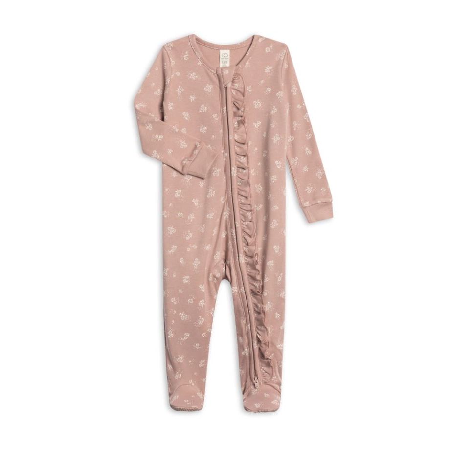 Colored Organics Neve Ruffle Zipper Footie - Ophelia Floral / Mauve Footie Colored Organics