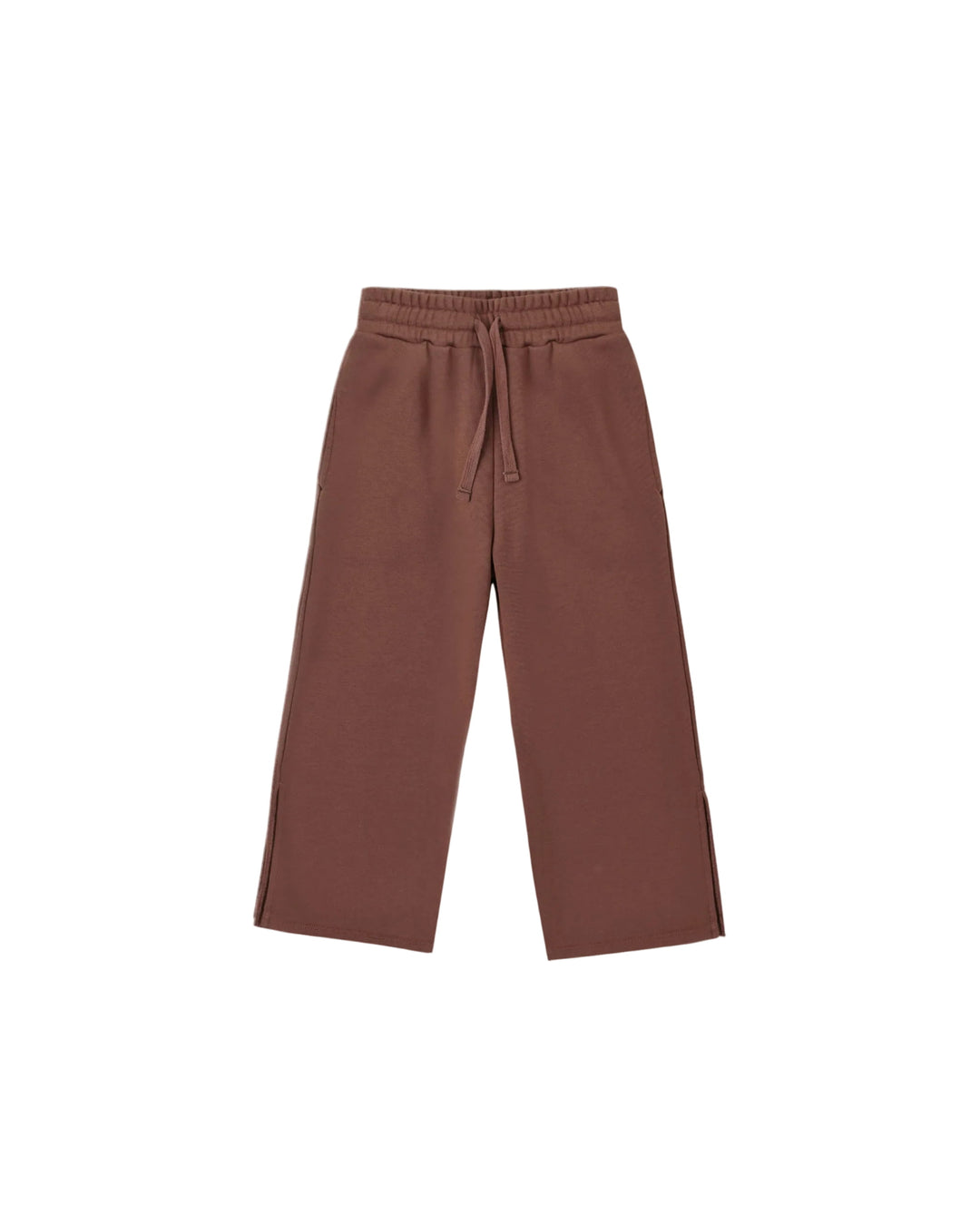 A pair of wide-leg sweatpants in a solid dusty rose brown color, featuring an elastic waistband and a matching drawstring, shown against a plain white background.