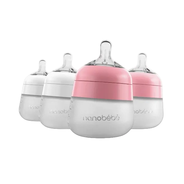 Nanobebe 5oz Flexy Silicone Baby Bottle- 4 Pack Bottles & Sippies Nanobebe Pink & White