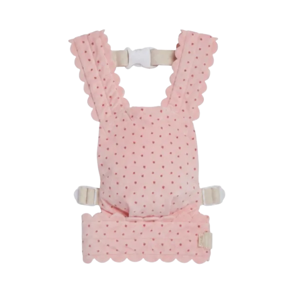 A pink baby carrier with a strawberry pattern and cream-colored straps and buckles, shown against a plain white background.