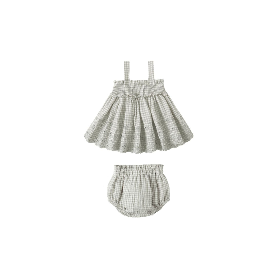 Quincy Mae Mae Smocked Top + Bloomer Set - Sage Gingham Tops & Bottoms Quincy Mae
