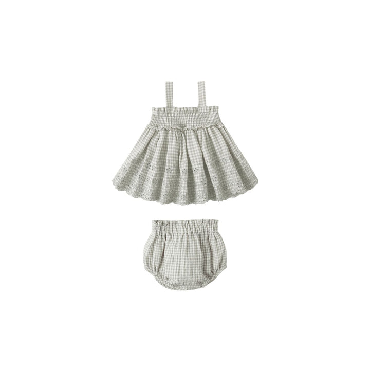 Quincy Mae Mae Smocked Top + Bloomer Set - Sage Gingham Tops & Bottoms Quincy Mae