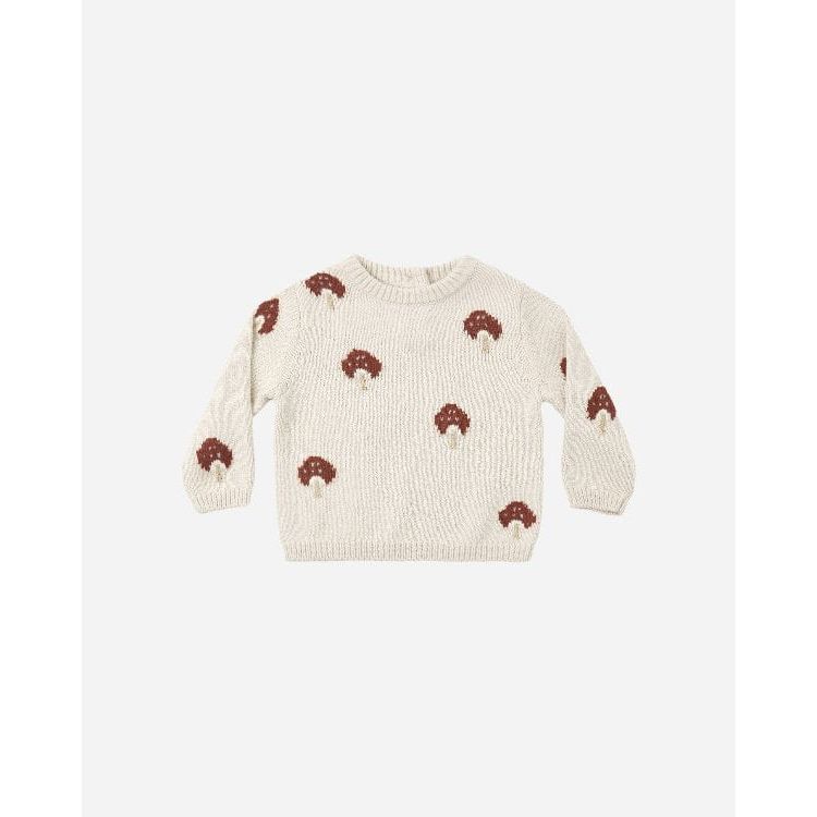 An off-white knit baby sweater featuring an all-over pattern of small brown and white embroidered mushrooms, displayed flat against a solid white background.