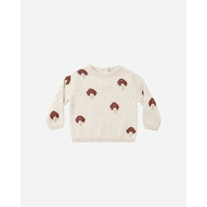 An off-white knit baby sweater featuring an all-over pattern of small brown and white embroidered mushrooms, displayed flat against a solid white background.