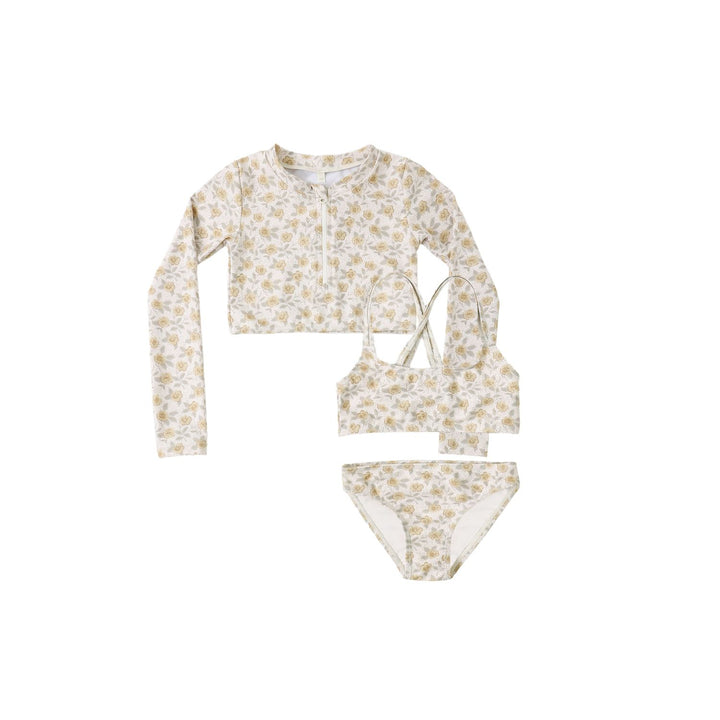 Rylee + Cru Crop Rashguard Set - Yellow Floral Swimwear Rylee + Cru