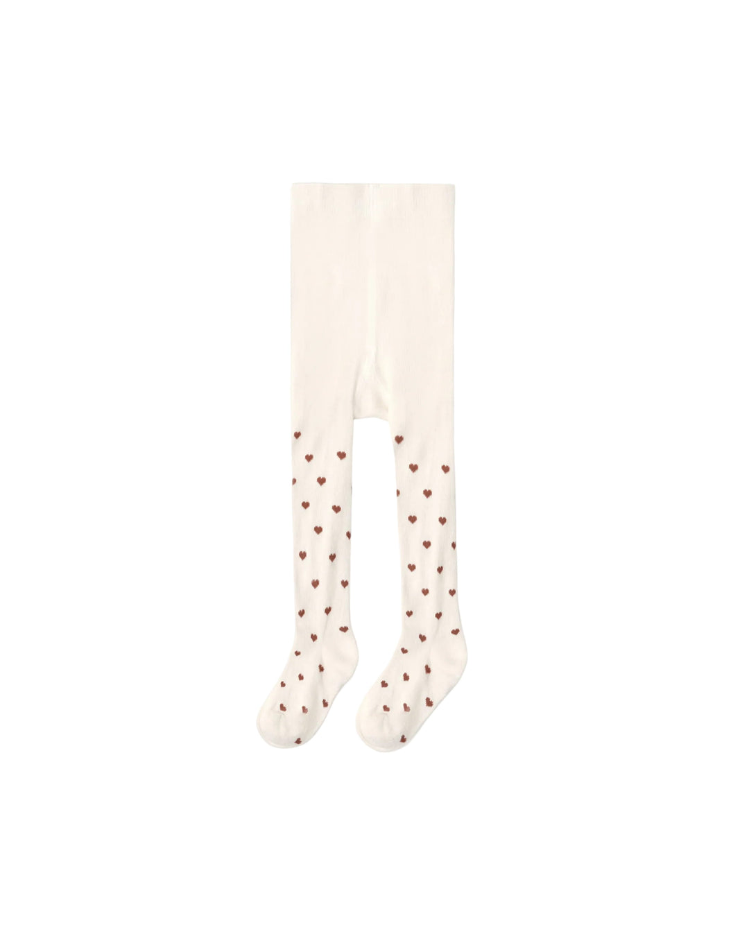 Off-white tights with small brown heart patterns concentrated on the lower half, displayed flat against a light gray background.