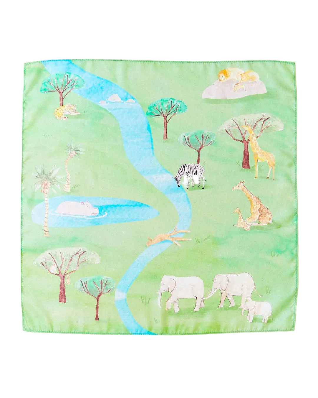 A square silk scarf featuring a vibrant safari illustration with a winding blue river, green trees, and various animals including elephants, giraffes, zebras, and a hippo on a light green background.