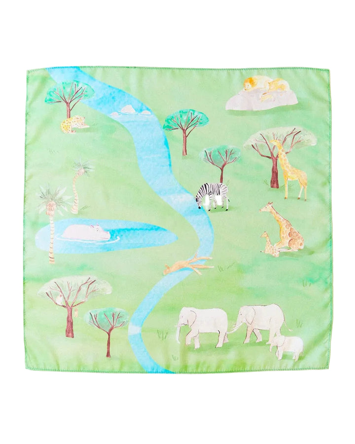 A square silk scarf featuring a vibrant safari illustration with a winding blue river, green trees, and various animals including elephants, giraffes, zebras, and a hippo on a light green background.