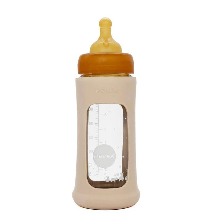 Hevea Wide Neck Baby Glass Bottle with Sleeve- 250ml/8.5oz, single Glass Bottle Hevea Sand