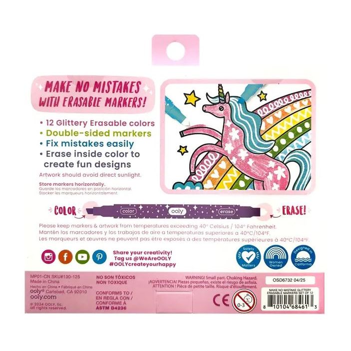 Ooly Make No Mistake Glittery Erasable Markers: Set of 12 Markers Ooly
