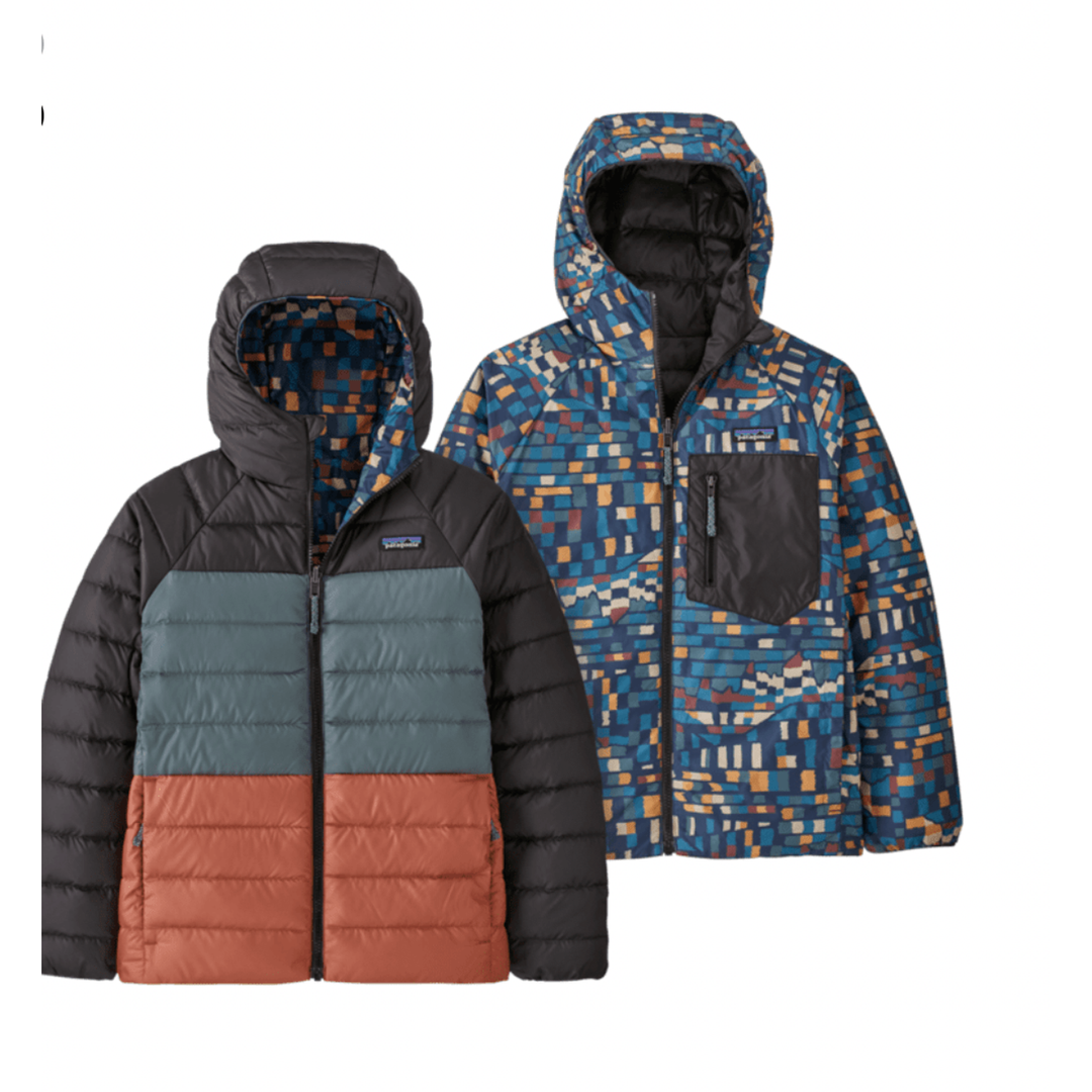 Fall 2023 Patagonia Kid's Reversible Down Sweater Hoody Childrens Jacket Patagonia Fitz Roy Patchwork: Ink Black XSmall 