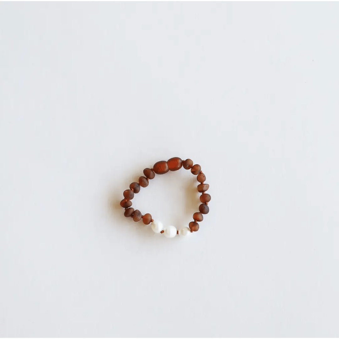 Canyonleaf Raw Cognac Amber & Pearl- 5" Baby Bracelet Pacifiers and Teething Canyonleaf   