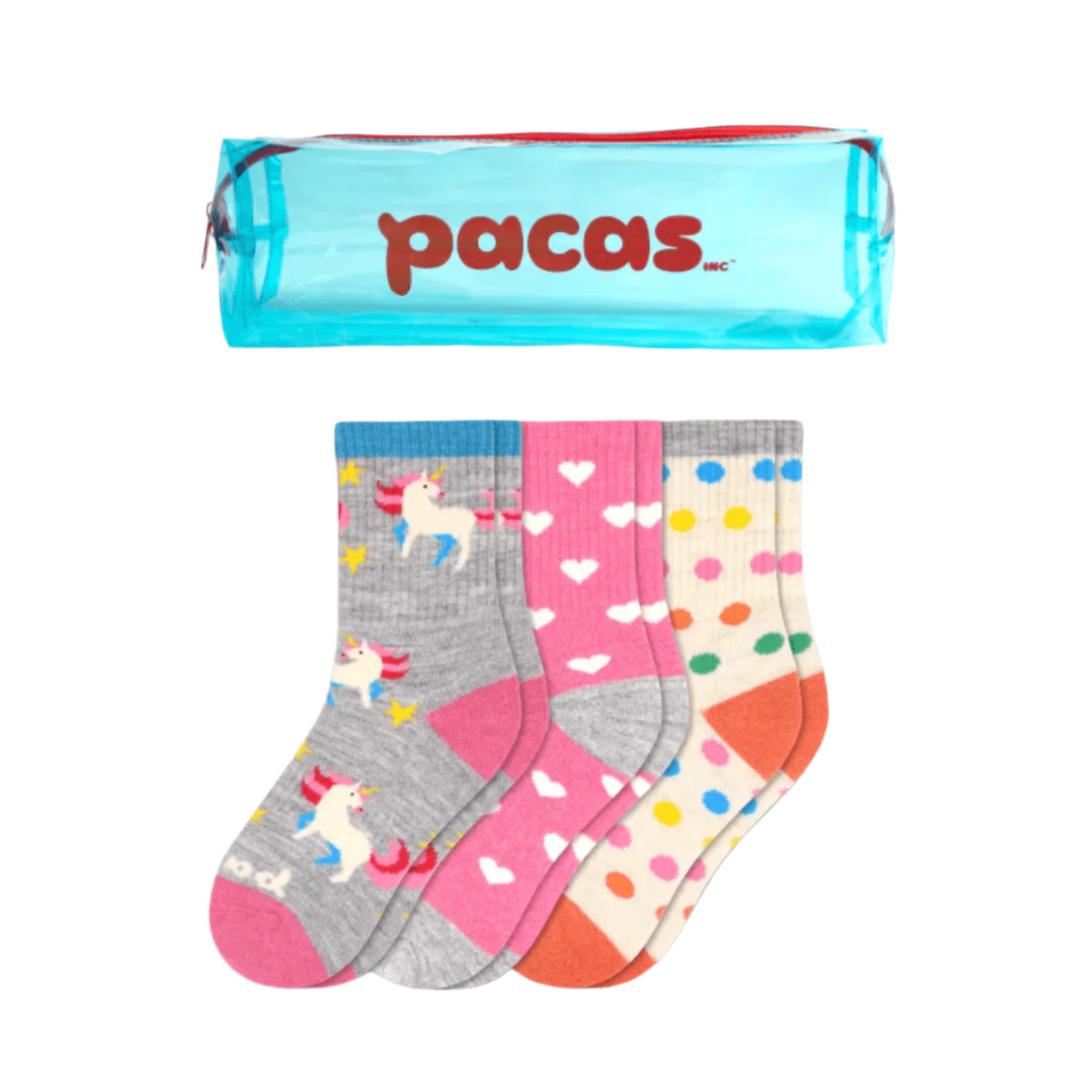 Pacas Kids' Crew Socks 3 Pack- Unicorn/Hearts/Dots Socks Pacas