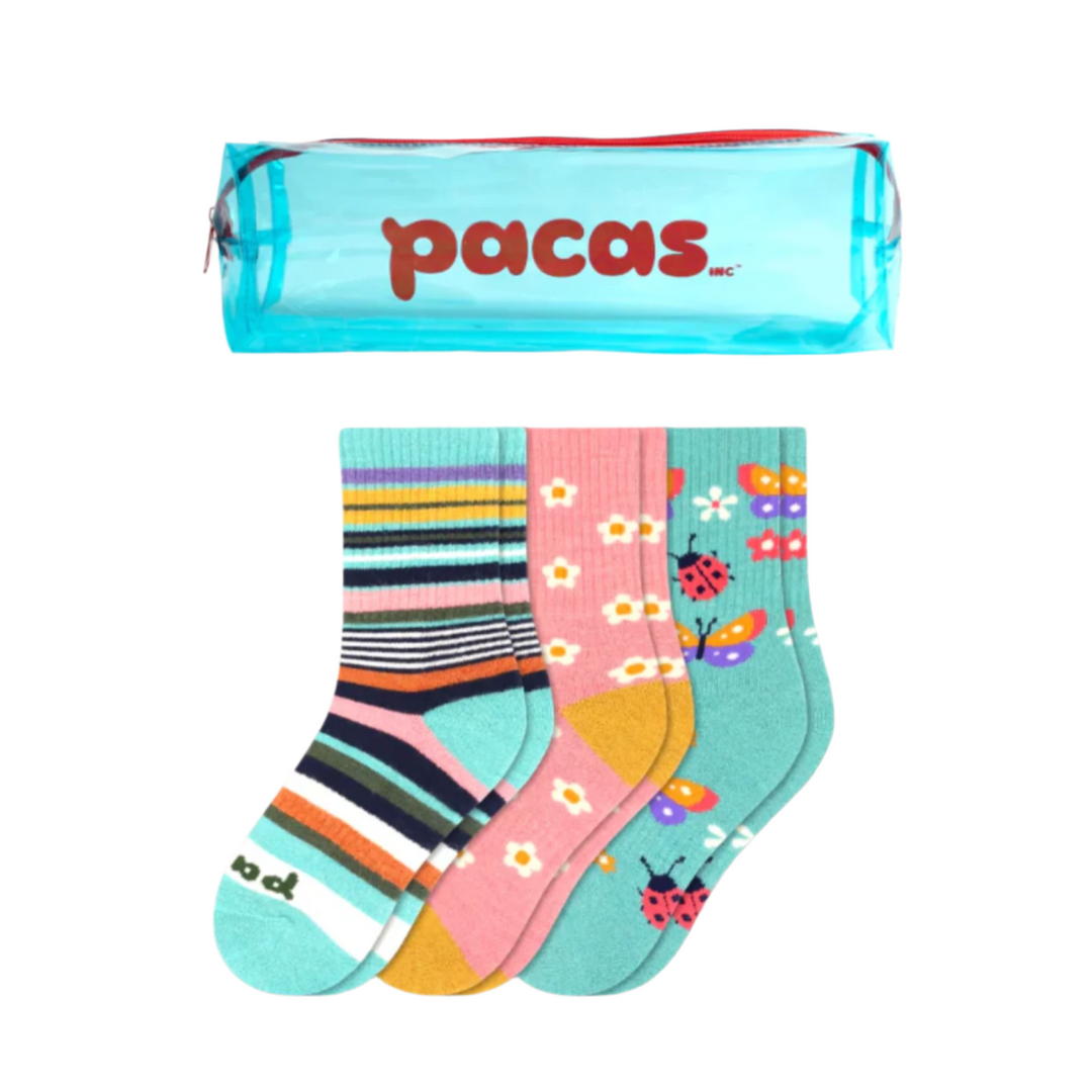 Pacas Kids' Crew Socks 3 Pack- Stripe/Daisies/Butterflies Socks Pacas