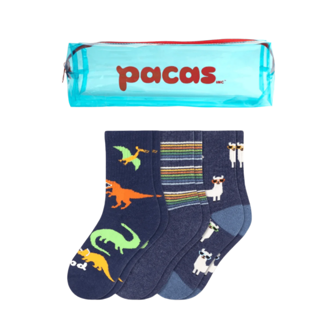 Pacas Kids' Crew Socks 3 Pack- Dino/Stripe/Alpaca Socks Pacas