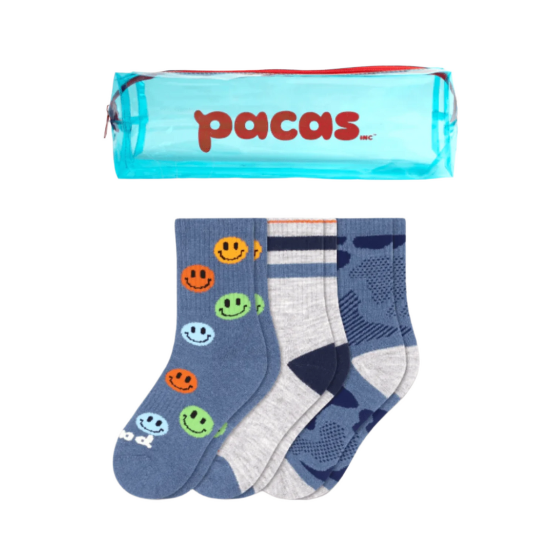 Pacas Kids' Crew Socks 3 Pack- Smiley/Double Stripe/Camo Socks Pacas