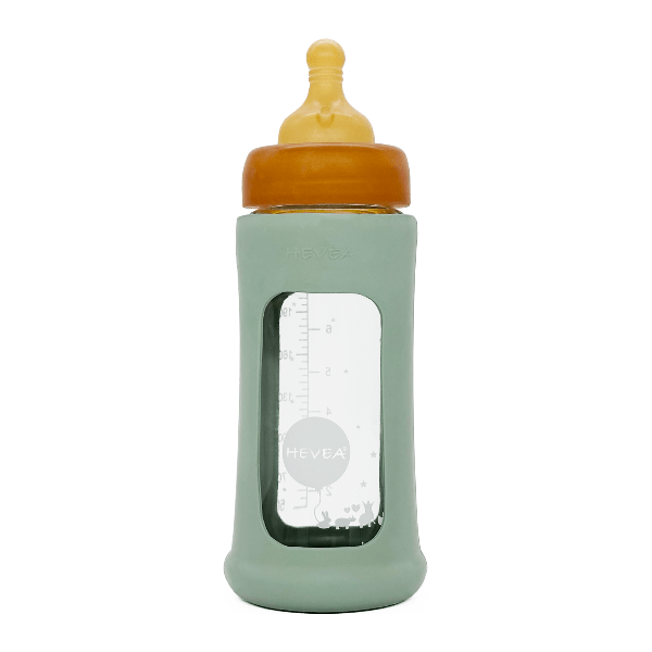 Hevea Wide Neck Baby Glass Bottle with Sleeve- 250ml/8.5oz, single Glass Bottle Hevea Seafoam Blue