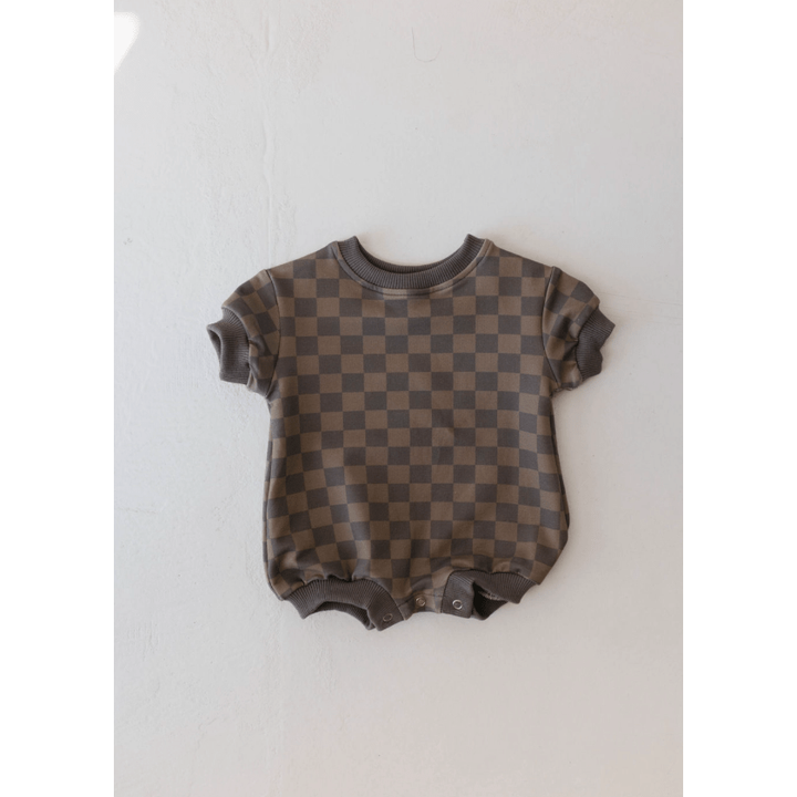 Forever French Baby Short Sleeve Romper- Faded Brown Checkerboard Romper Forever French Baby 0-3M