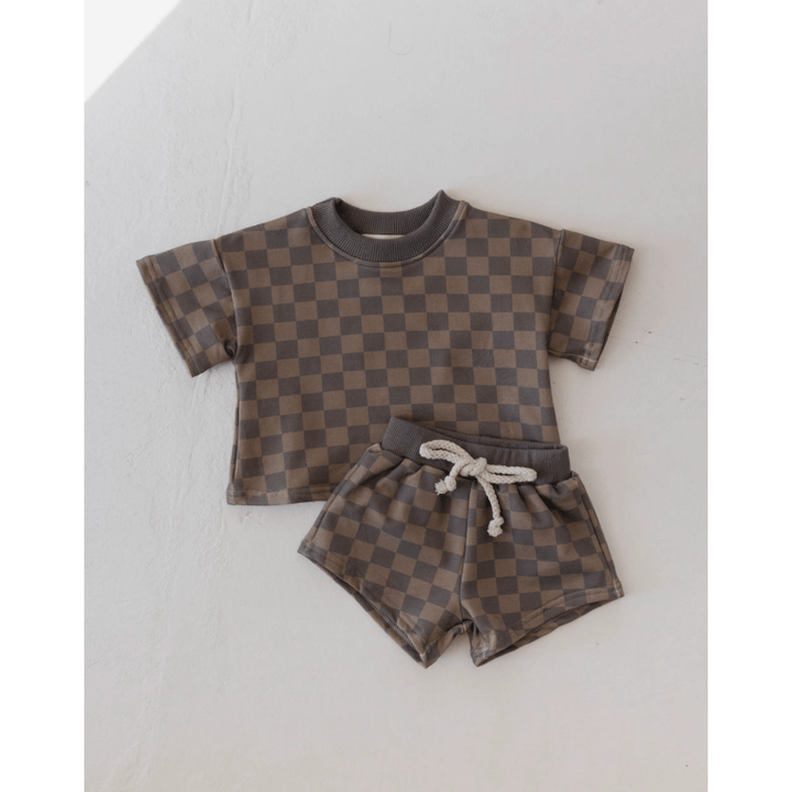 Forever French Baby Short Set- Faded Brown Checkerboard Short Set Forever French Baby 12-18 Months
