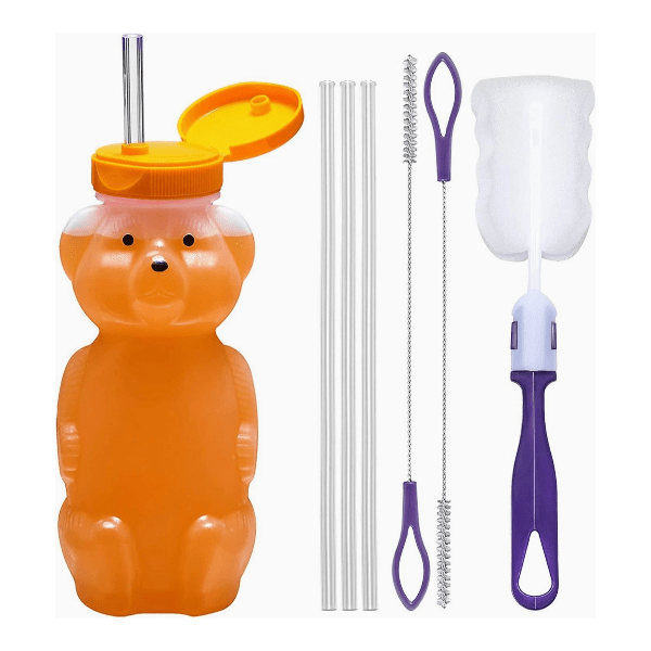 Juice Bear Honey Bear Bottle Drinking Cup with Long Straws- 8oz. Bottles & Sippies Special Supplies