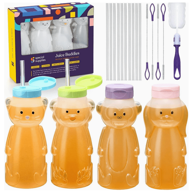 Juice Buddies Honey Bear Drinking Cup with Long Straws- 4 Pack Bottles & Sippies Special Supplies