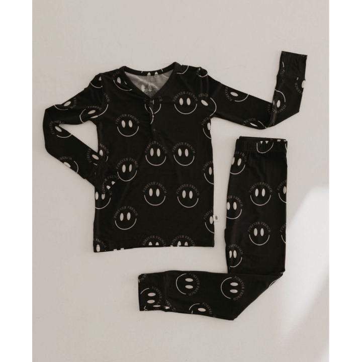 Forever French Bamboo Two Piece Pajama Set- Charcoal & White FF Smile Toddler Clothing Forever French Baby