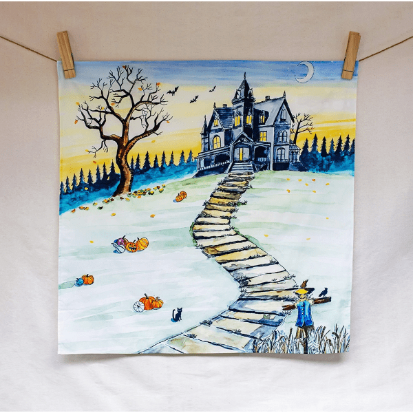 Painting of a haunted house with a path leading to it, set against a night sky.