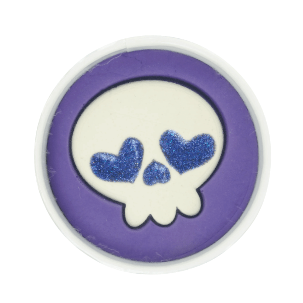 Round purple object with a white center featuring blue heart shapes on a white background