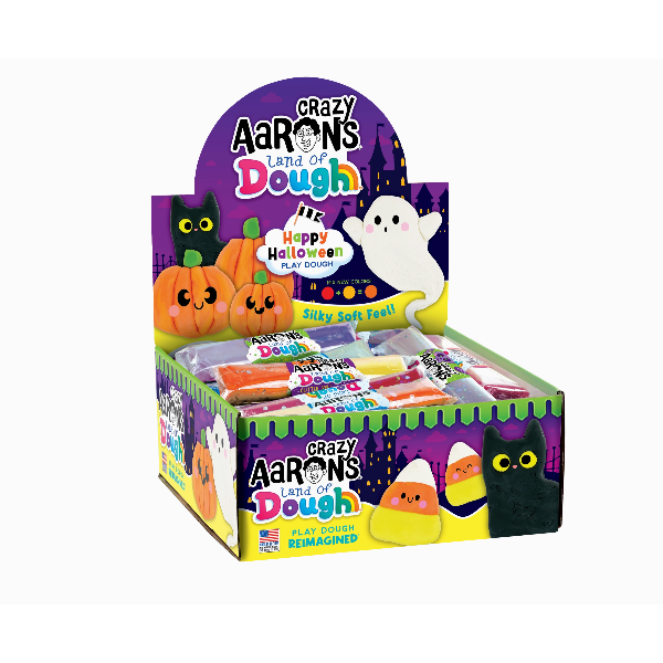Crazy Aaron's Land of Dough Halloween-themed packaging with pumpkins, ghosts, and cats.