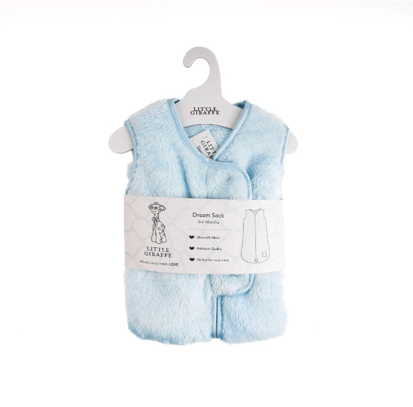 Light blue baby wrap on a hanger with 'Little Giraffe' branding.