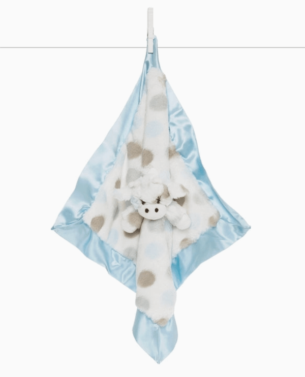 Baby comfort blanket with plush toy on a white background