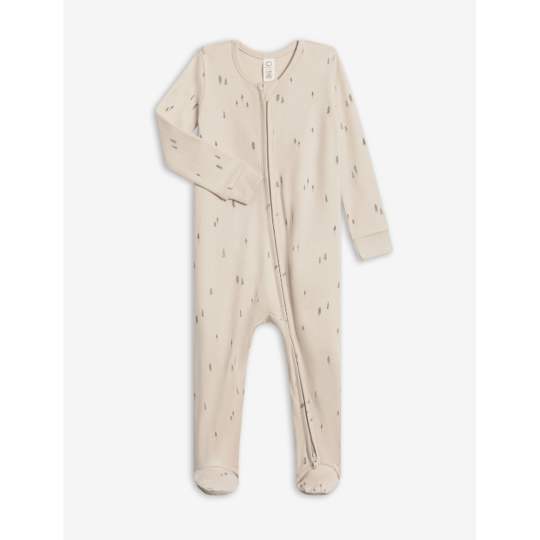 Cream baby onesie with pine tree print.