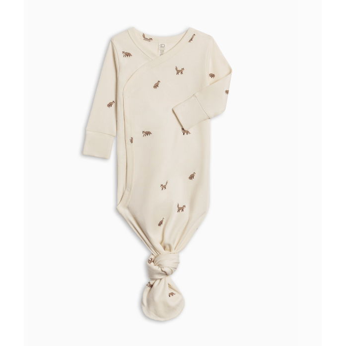Ivory baby gown with taupe fox print.