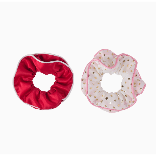 Two scrunchies, one red and one with star pattern, on a white background