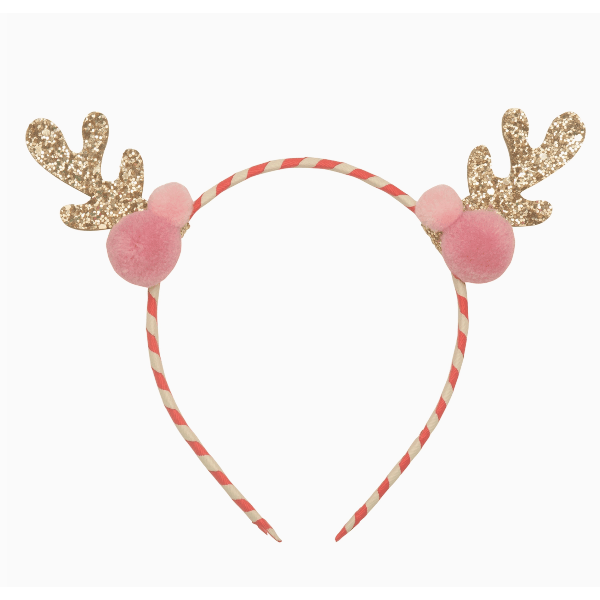Headband with gold glitter antlers and pink pom-poms on a white background