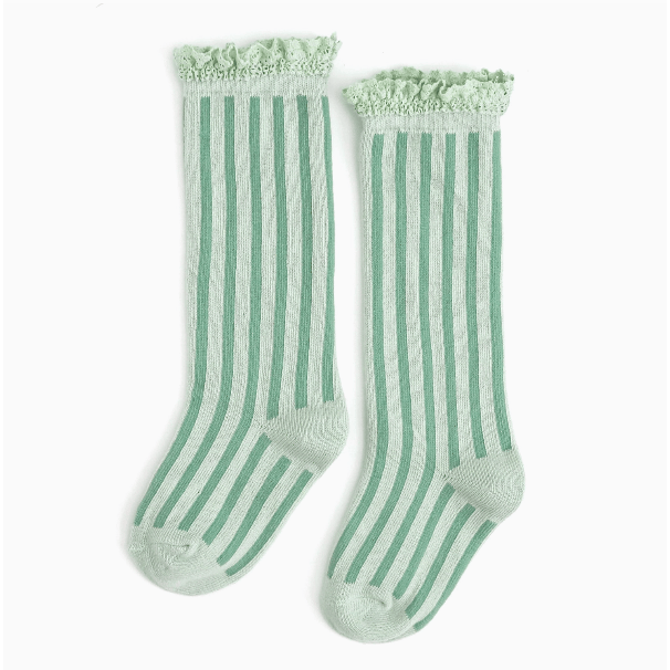 Little Stocking Co.- Lace Top Knee High Socks- Mint Stripe kids socks Little Stocking Co.