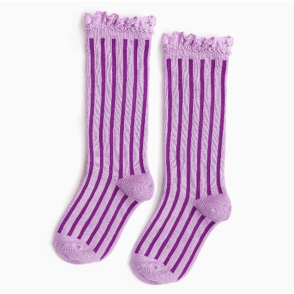 Little Stocking Co.- Lace Top Knee High Socks- Purple Stripe kids socks Little Stocking Co. 0-6 Months