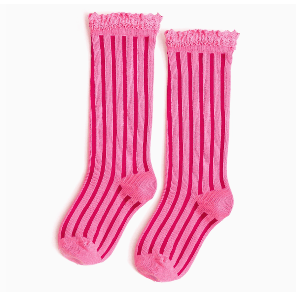 Little Stocking Co.- Lace Top Knee High Socks-Taffy Stripe kids socks Little Stocking Co.