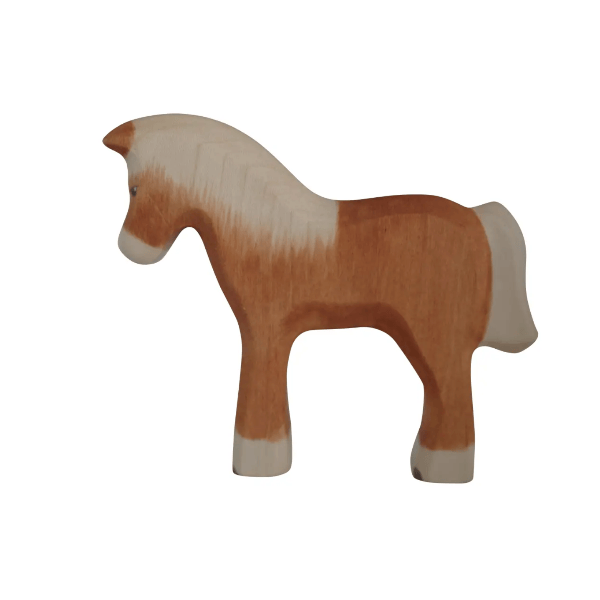 Wooden horse toy with a brown body and white mane on a white background