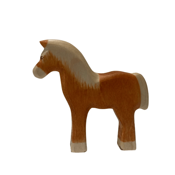 Wooden horse figurine with a brown body and white mane on a white background