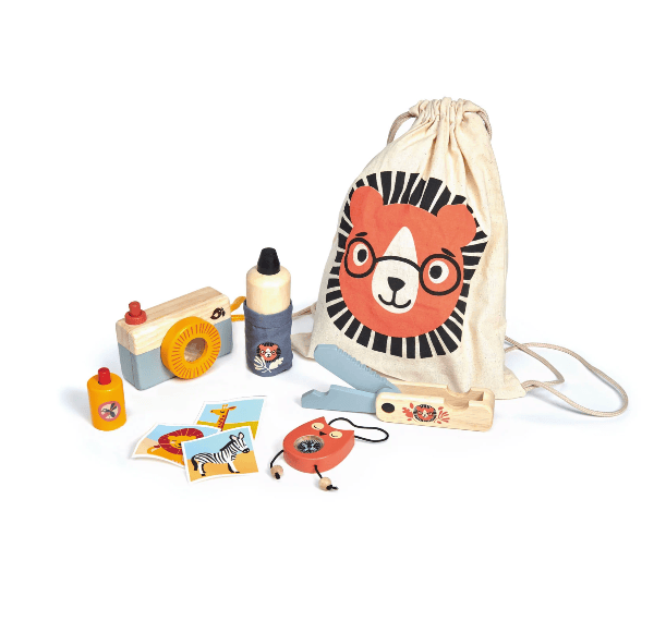 Children's toy set with a drawstring bag featuring a lion design on a white background
