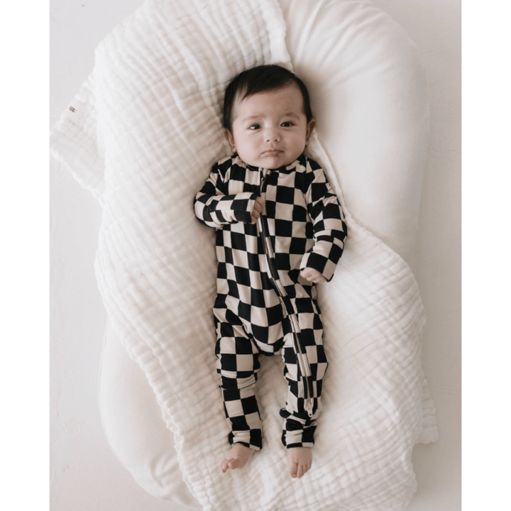 Forever French Baby Bamboo Zip Pajamas- Black Checkerboard