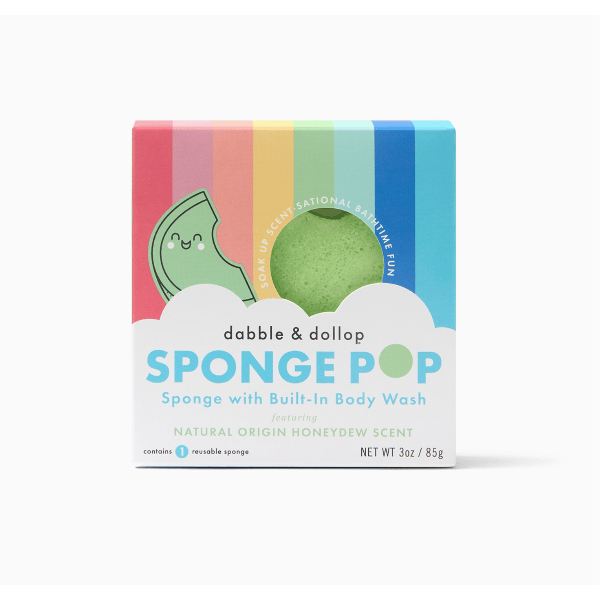 Dabble & Dollop Sponge Pop packaging with a colorful label and green sponge illustration on a white background.