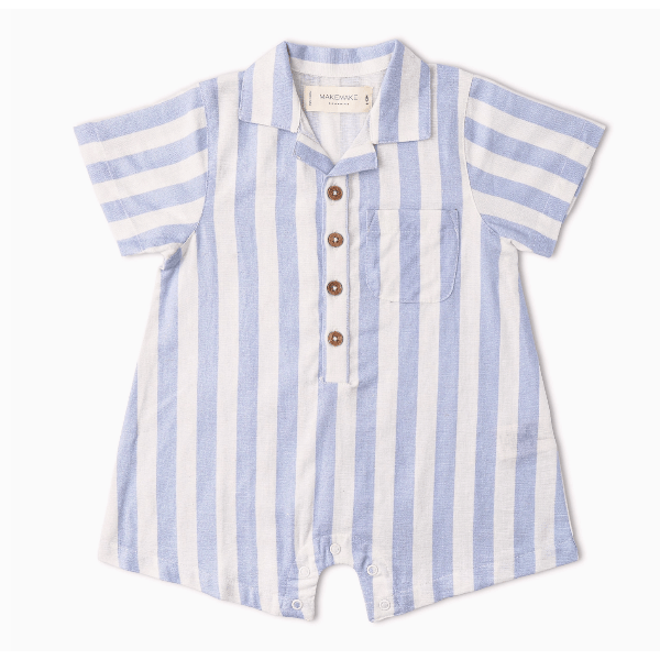 Makemake Organics Collared Romper- Blue Stripes Romper Makemake Organics 0-3M