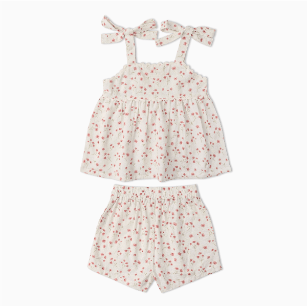 Makemake Organics Tie Up Top & Shorts Set- Pink Bloom Tops & Bottoms Makemake Organics 2T