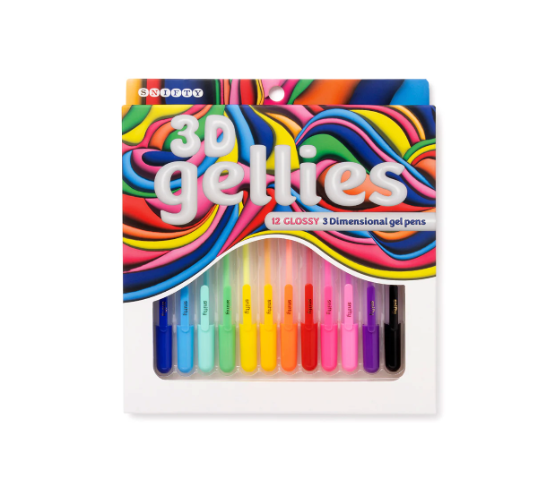 Pack of 3D Gellies gel pens with colorful packaging on a white background