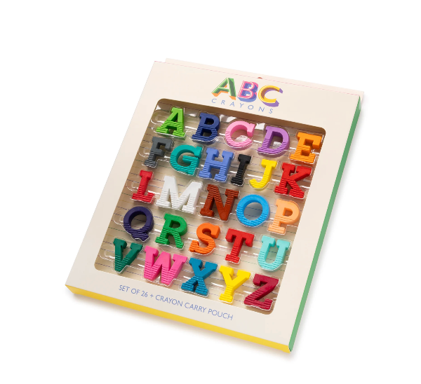 Box of colorful alphabet crayons with letters A to Z on a white background